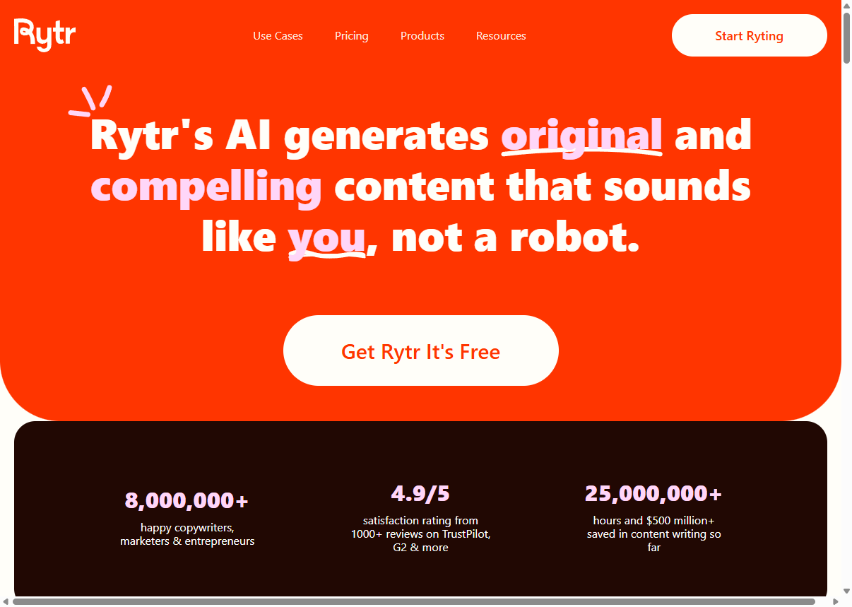 Rytr homepage - affordable AI writing tool for freelancers