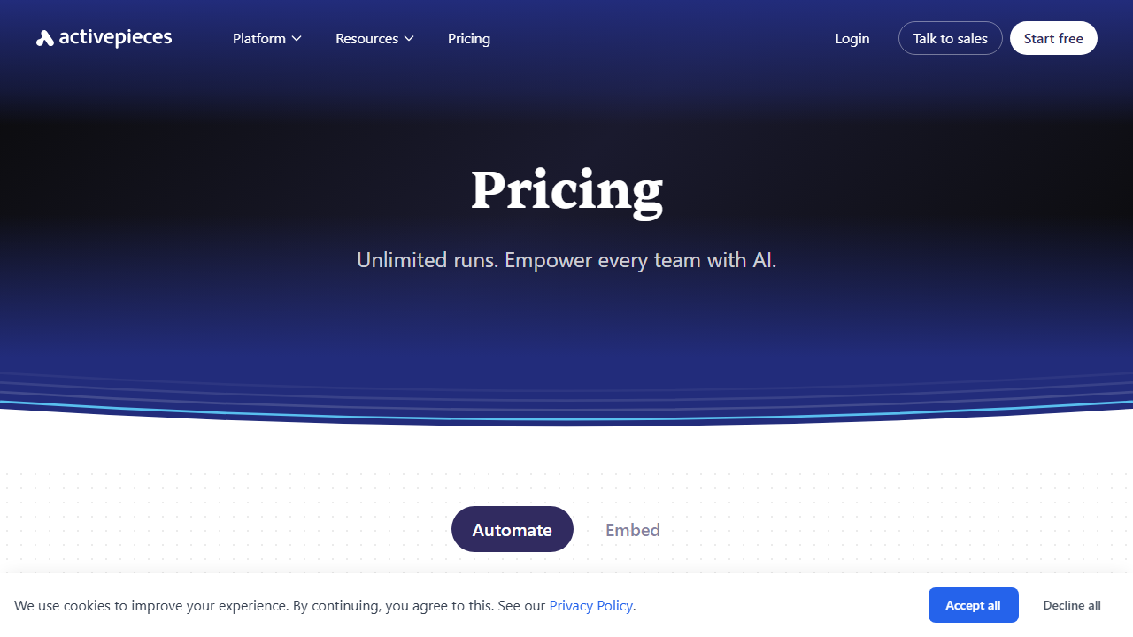 Activepieces pricing plans screenshot