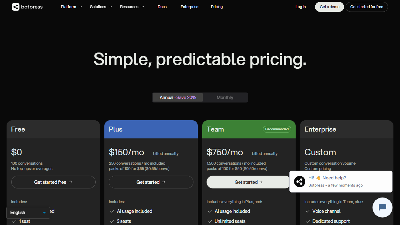 Botpress pricing plans screenshot