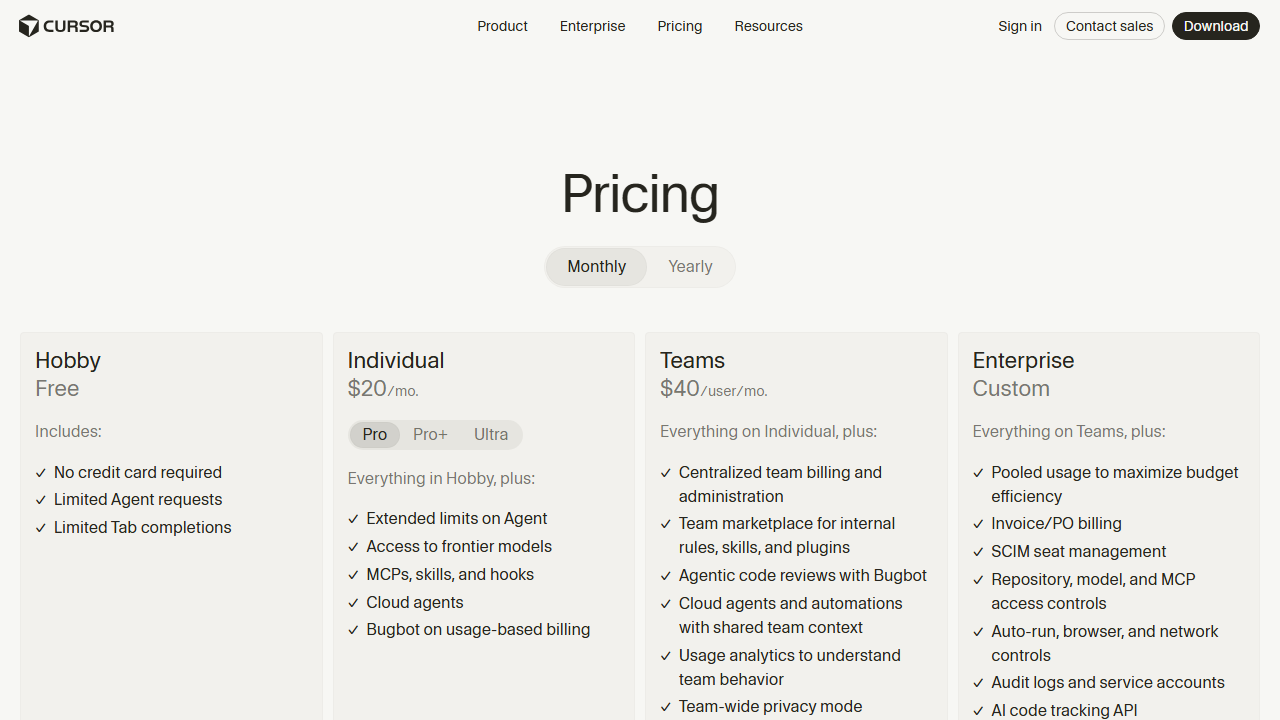 Cursor pricing plans
