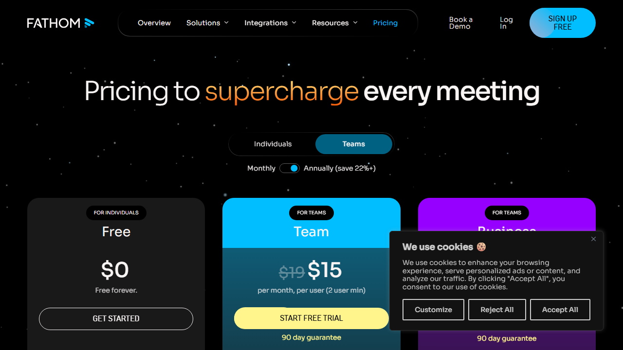 Fathom pricing plans screenshot