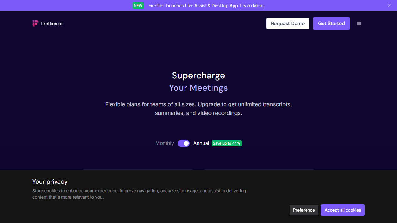 Fireflies pricing plans screenshot