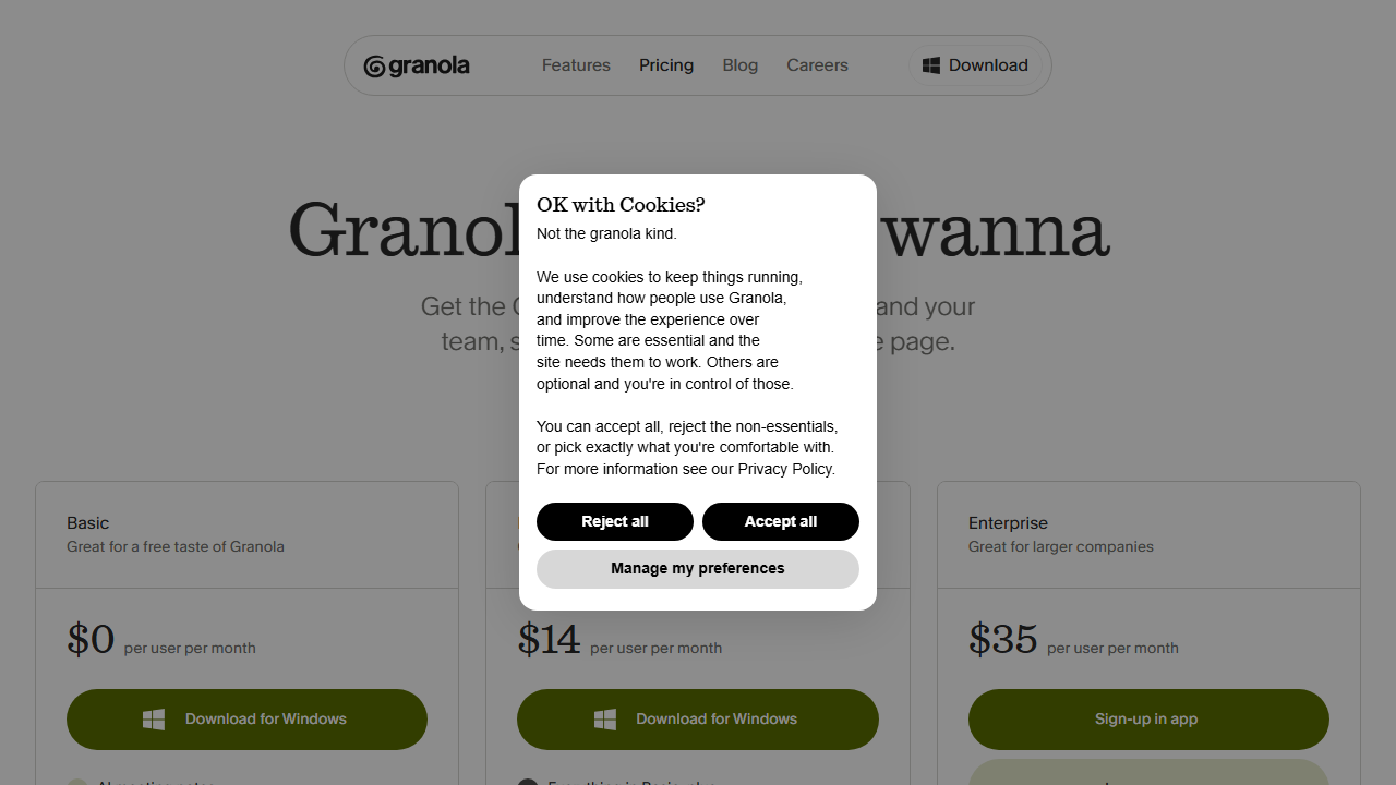 Granola pricing plans screenshot
