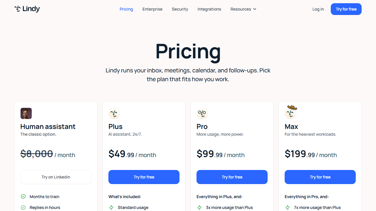 Lindy pricing plans screenshot