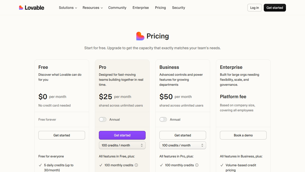 Lovable pricing plans