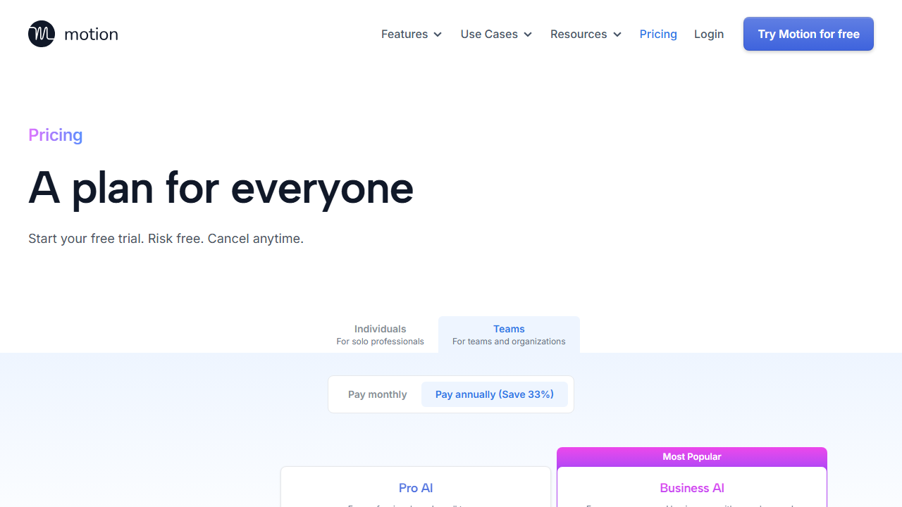 Motion pricing plans screenshot