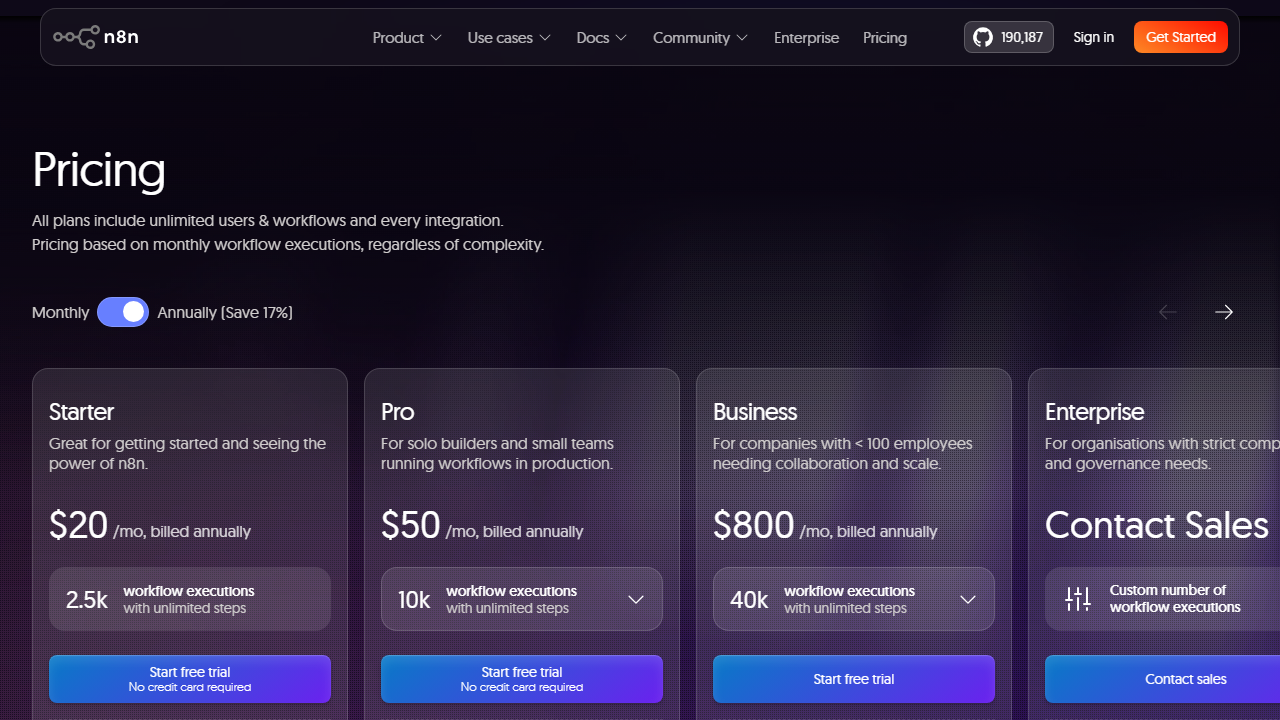 n8n pricing plans screenshot