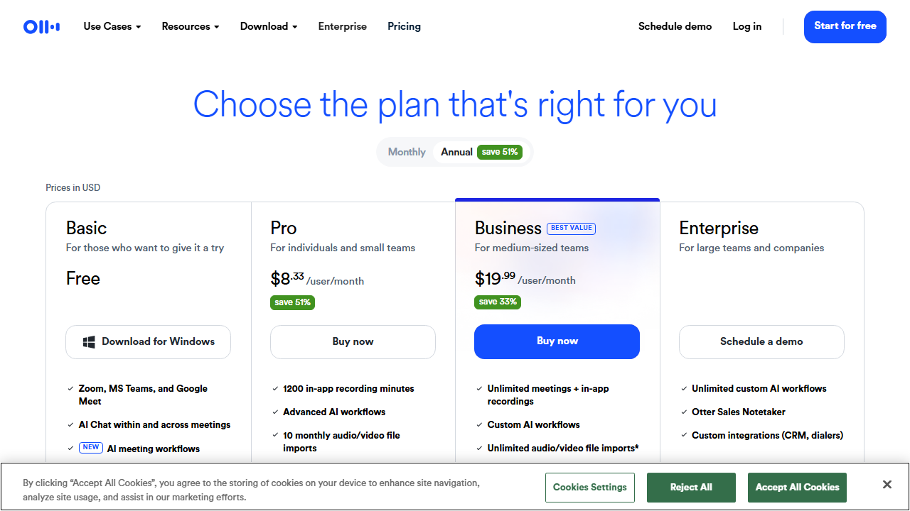Otter pricing plans screenshot