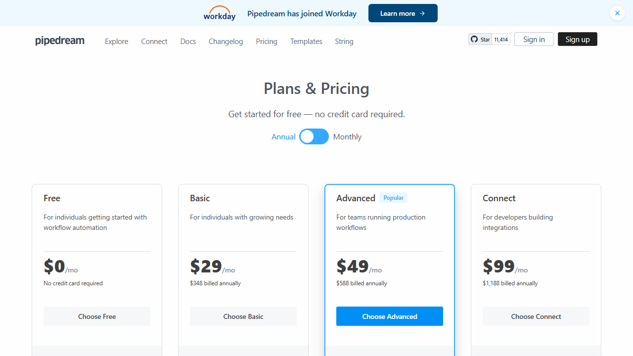 Pipedream pricing plans screenshot