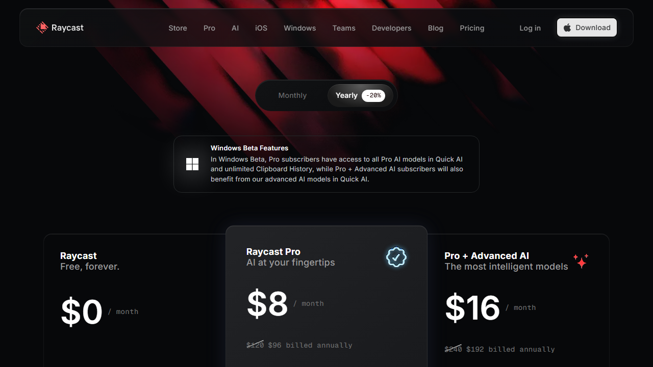 Raycast pricing plans screenshot
