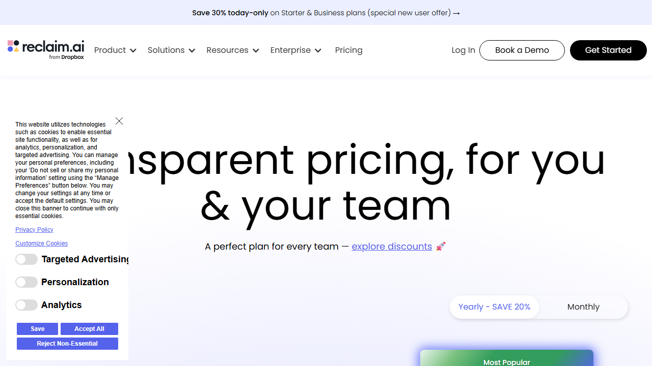 Reclaim pricing plans screenshot