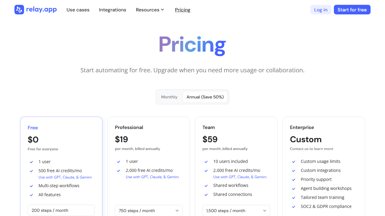 Relay pricing plans screenshot